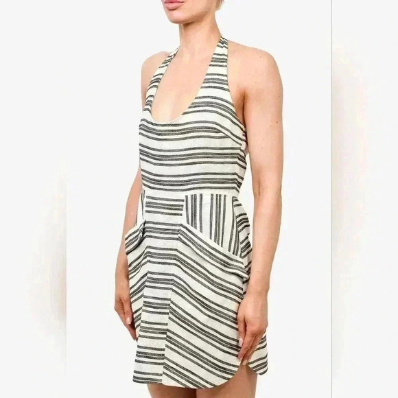 A.L.C White/Black Striped Halter Neck Front Pocket Mini Dress Size 4 - Picture 6 of 14